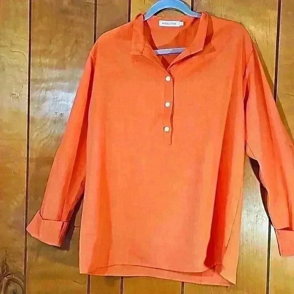 Misslook Women's tunic  blouse in size large  orange 1/4 button up casual